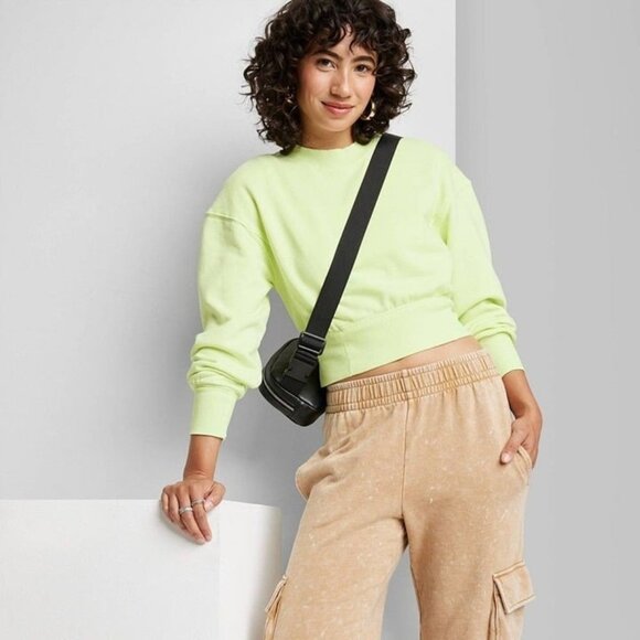 Wild Fable Women's Cropped Crewneck Pullover Sweatshirt Lemon Yellow Small - Picture 1 of 5